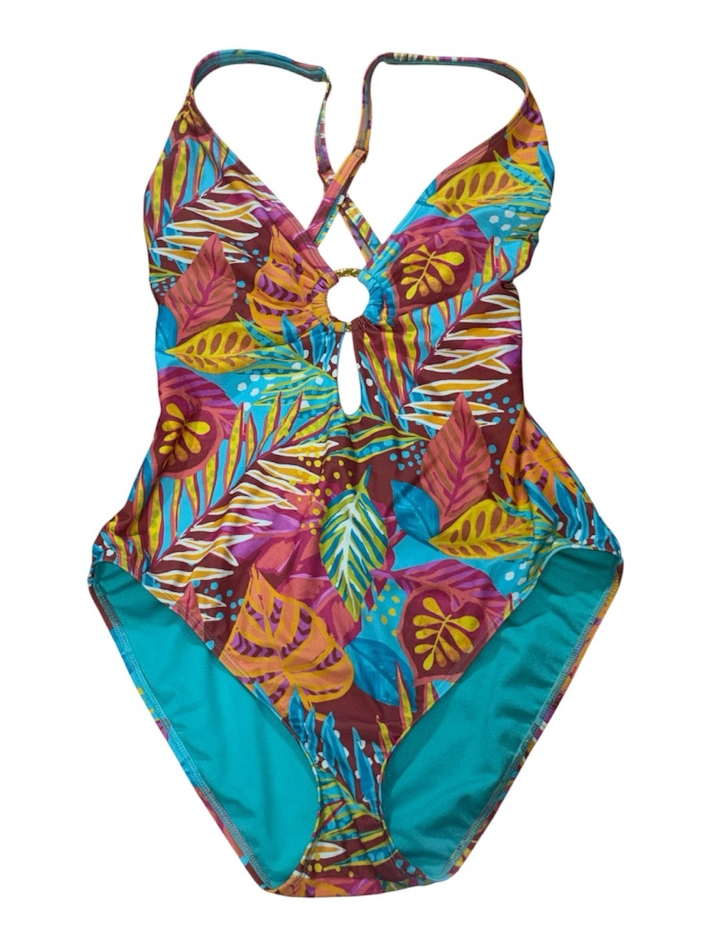 Bleu Rod Beattie Tropical Leaf Print One-Piece Swimsuit - Teal & Multicolor, 12